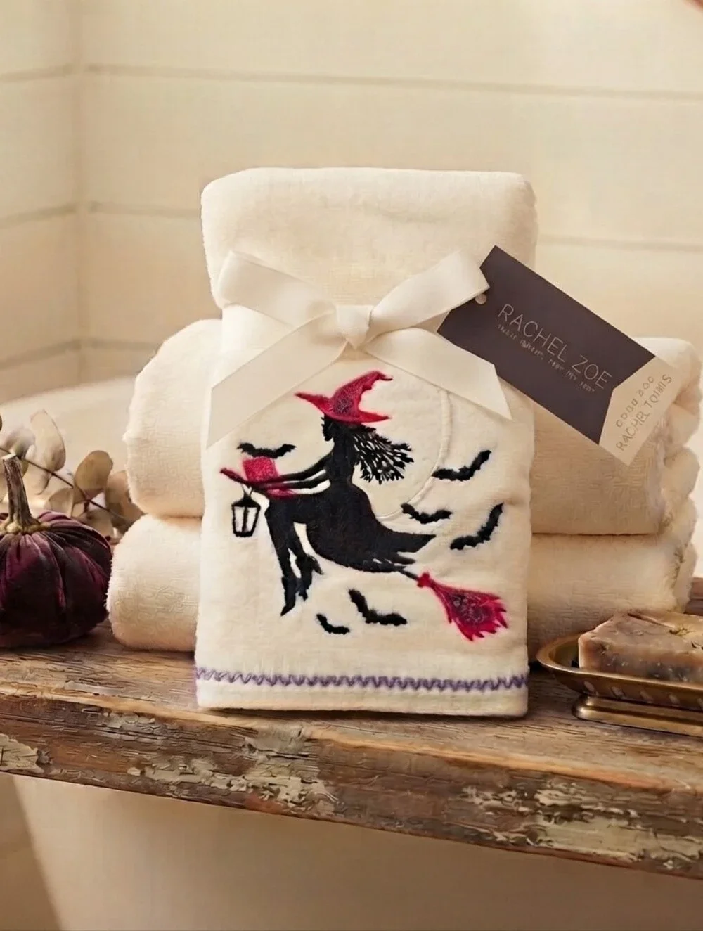 2pc Rachel Zoe Glitter Witch Hand Towels White Black Pink Moon Bats New